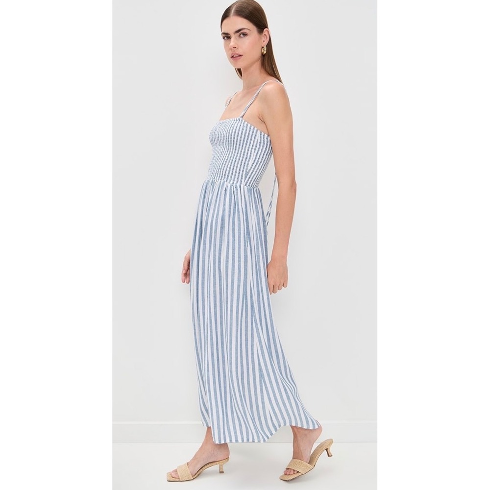 Z Supply Striped Linen Blend Smocked Maxi Dress Blue White ZD253189 Medium